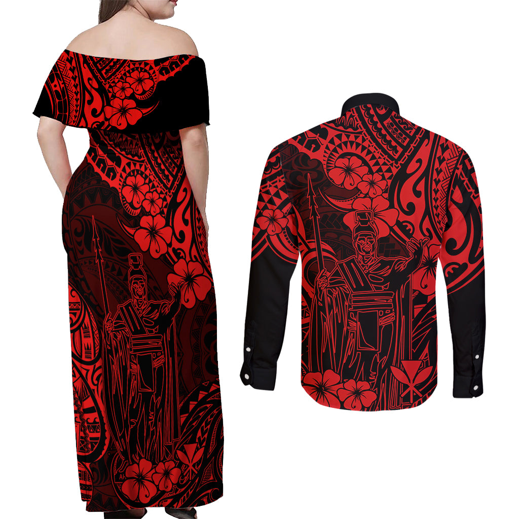 Hawaii King Kamehameha Couples Matching Off Shoulder Maxi Dress and Long Sleeve Button Shirts Polynesian Pattern Red Version - Wonder Print Shop
