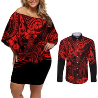 Hawaii King Kamehameha Couples Matching Off Shoulder Short Dress and Long Sleeve Button Shirts Polynesian Pattern Red Version - Wonder Print Shop