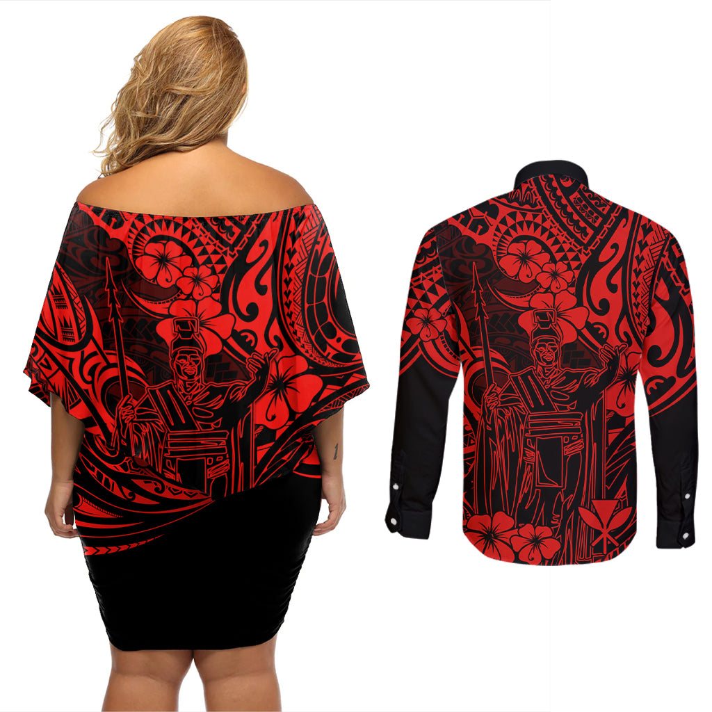 Hawaii King Kamehameha Couples Matching Off Shoulder Short Dress and Long Sleeve Button Shirts Polynesian Pattern Red Version - Wonder Print Shop