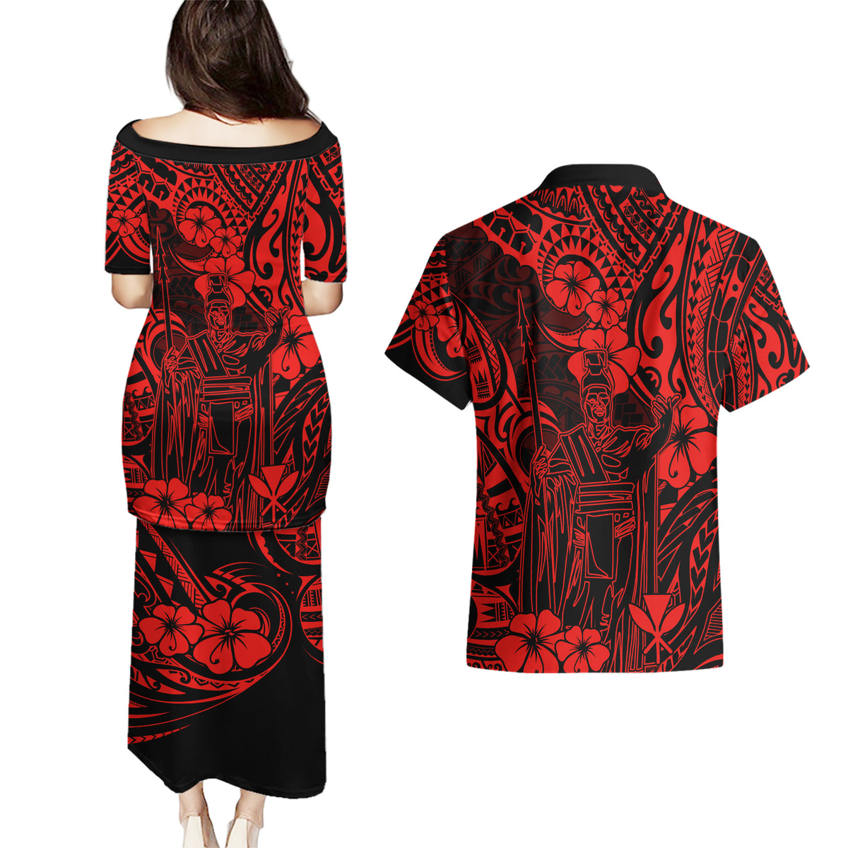 Hawaii King Kamehameha Couples Matching Puletasi Dress and Hawaiian Shirt Polynesian Pattern Red Version - Wonder Print Shop