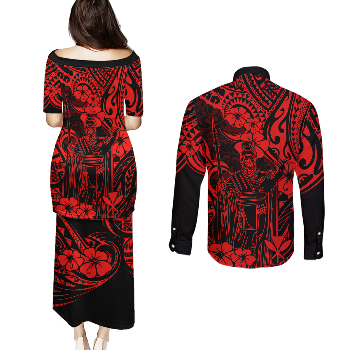 Hawaii King Kamehameha Couples Matching Puletasi Dress and Long Sleeve Button Shirts Polynesian Pattern Red Version - Wonder Print Shop
