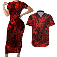 Hawaii King Kamehameha Couples Matching Short Sleeve Bodycon Dress and Hawaiian Shirt Polynesian Pattern Red Version - Wonder Print Shop