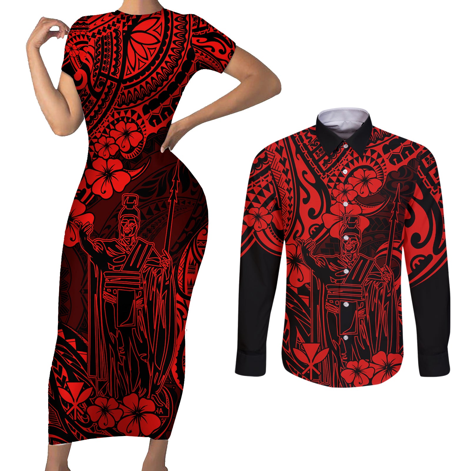 Hawaii King Kamehameha Couples Matching Short Sleeve Bodycon Dress and Long Sleeve Button Shirts Polynesian Pattern Red Version - Wonder Print Shop