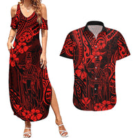 Hawaii King Kamehameha Couples Matching Summer Maxi Dress and Hawaiian Shirt Polynesian Pattern Red Version - Wonder Print Shop