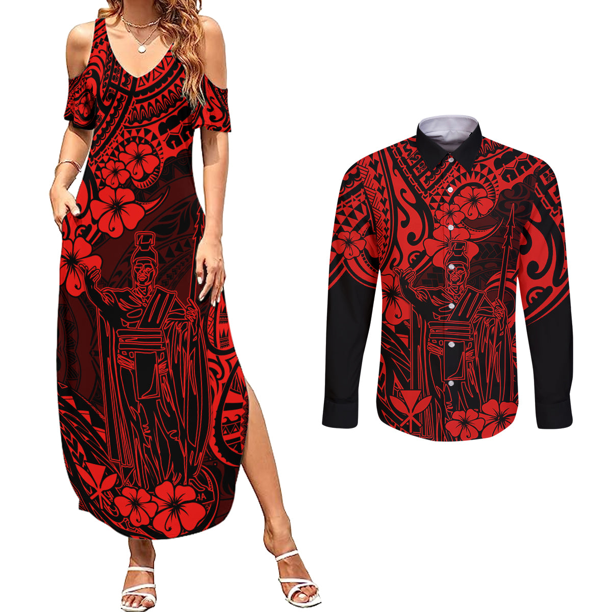 Hawaii King Kamehameha Couples Matching Summer Maxi Dress and Long Sleeve Button Shirts Polynesian Pattern Red Version - Wonder Print Shop
