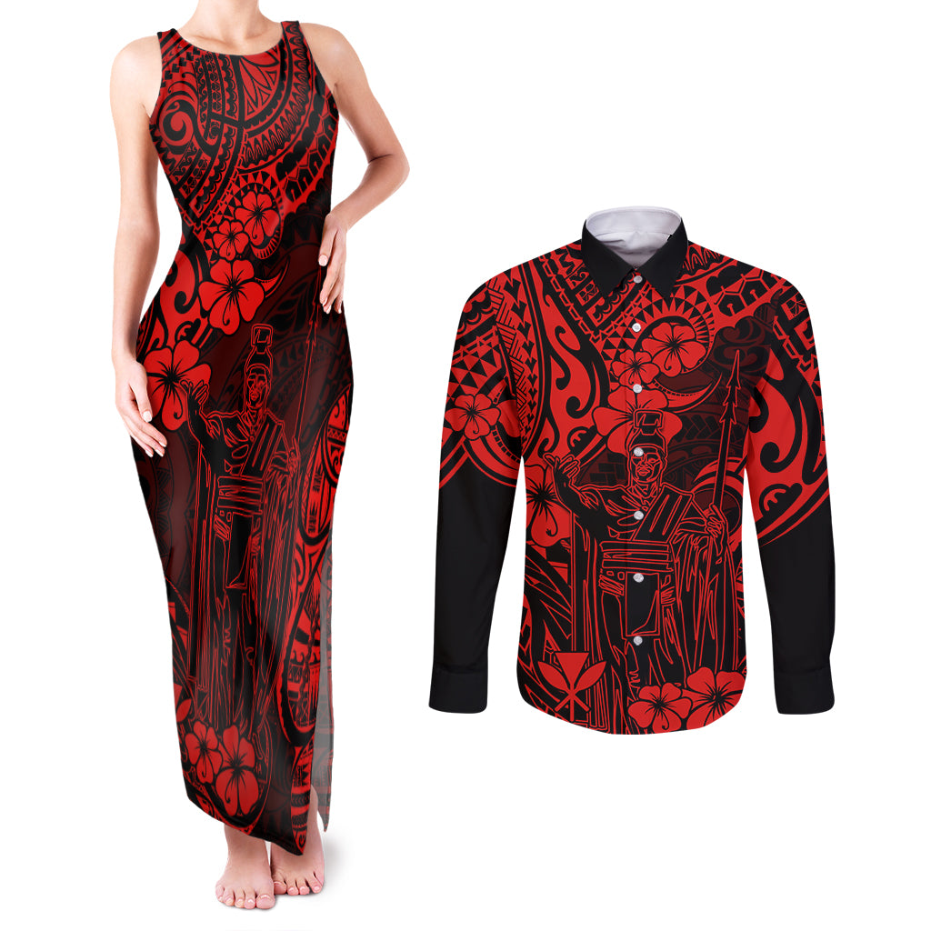 Hawaii King Kamehameha Couples Matching Tank Maxi Dress and Long Sleeve Button Shirts Polynesian Pattern Red Version - Wonder Print Shop