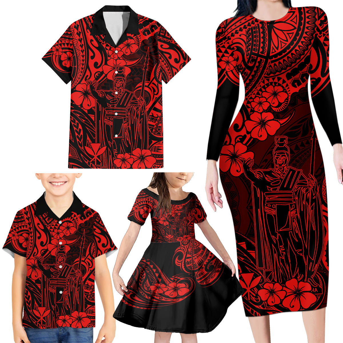 Hawaii King Kamehameha Family Matching Long Sleeve Bodycon Dress and Hawaiian Shirt Polynesian Pattern Red Version - Wonder Print Shop