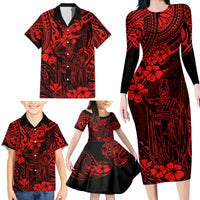 Hawaii King Kamehameha Family Matching Long Sleeve Bodycon Dress and Hawaiian Shirt Polynesian Pattern Red Version - Wonder Print Shop
