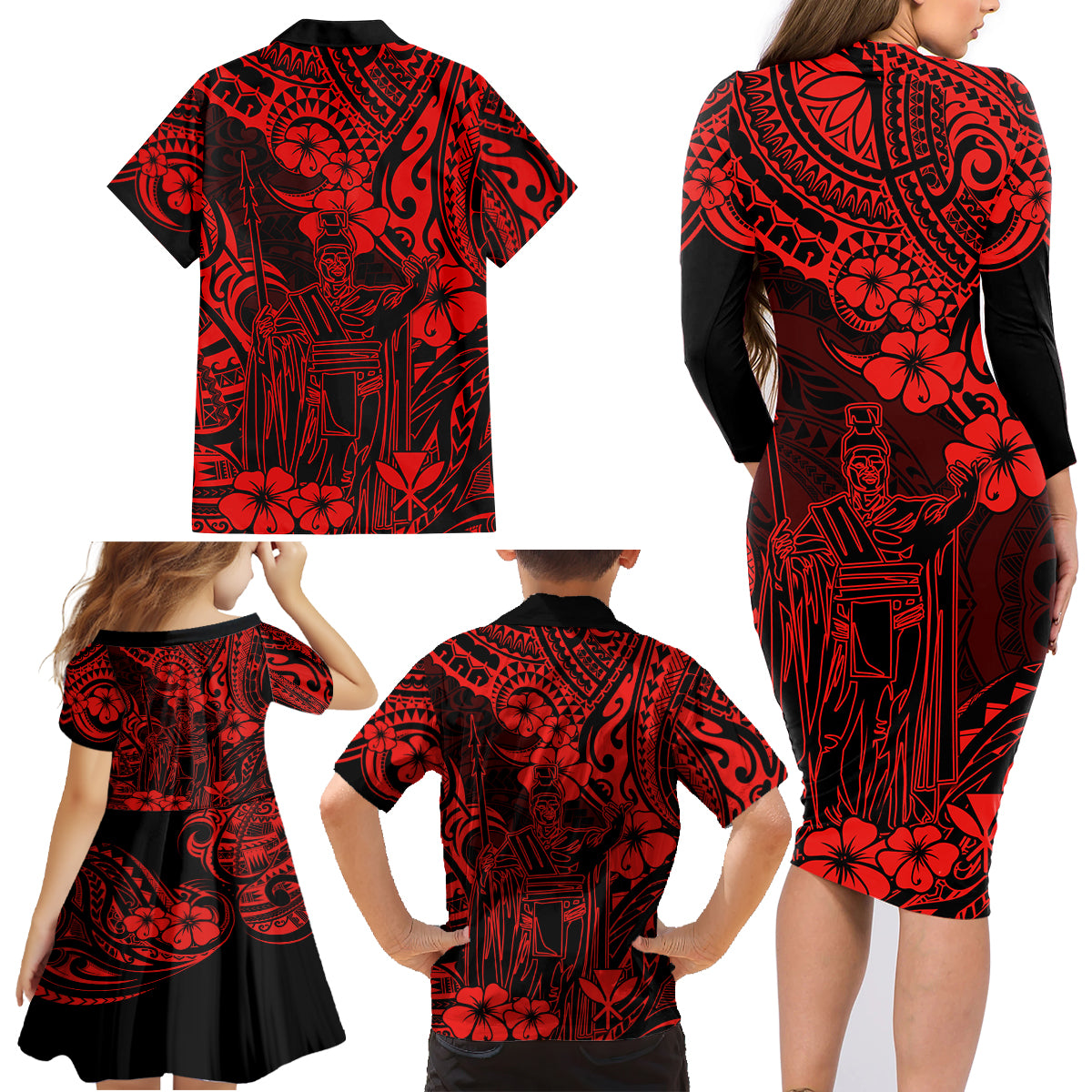 Hawaii King Kamehameha Family Matching Long Sleeve Bodycon Dress and Hawaiian Shirt Polynesian Pattern Red Version - Wonder Print Shop