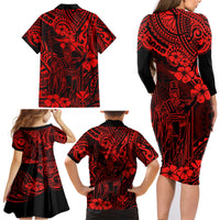 Hawaii King Kamehameha Family Matching Long Sleeve Bodycon Dress and Hawaiian Shirt Polynesian Pattern Red Version - Wonder Print Shop