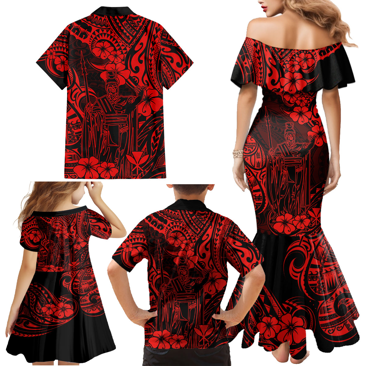 Hawaii King Kamehameha Family Matching Mermaid Dress and Hawaiian Shirt Polynesian Pattern Red Version - Wonder Print Shop