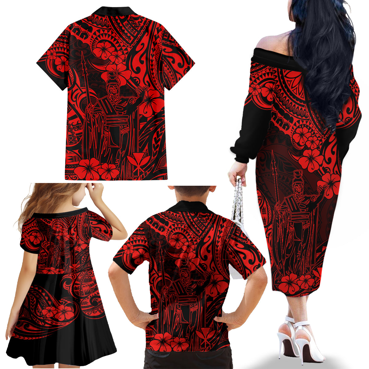 Hawaii King Kamehameha Family Matching Off Shoulder Long Sleeve Dress and Hawaiian Shirt Polynesian Pattern Red Version - Wonder Print Shop