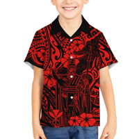 Hawaii King Kamehameha Family Matching Off Shoulder Long Sleeve Dress and Hawaiian Shirt Polynesian Pattern Red Version - Wonder Print Shop