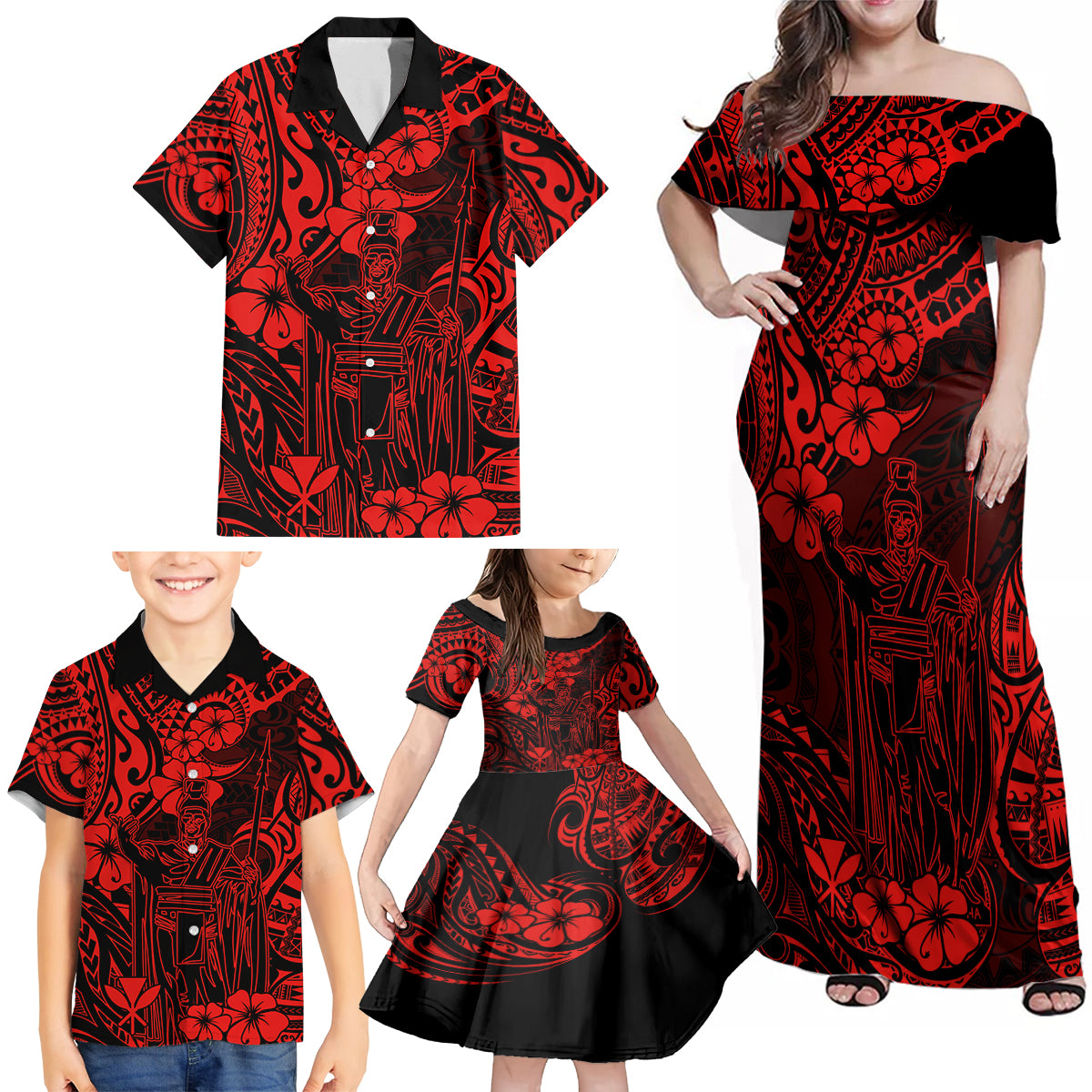 Hawaii King Kamehameha Family Matching Off Shoulder Maxi Dress and Hawaiian Shirt Polynesian Pattern Red Version - Wonder Print Shop