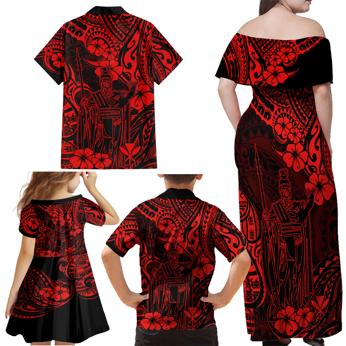 Hawaii King Kamehameha Family Matching Off Shoulder Maxi Dress and Hawaiian Shirt Polynesian Pattern Red Version - Wonder Print Shop