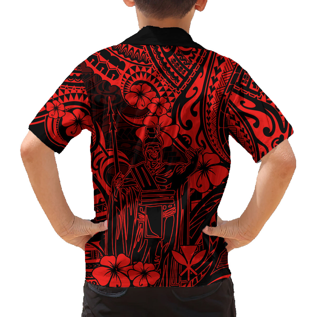 Hawaii King Kamehameha Family Matching Off Shoulder Short Dress and Hawaiian Shirt Polynesian Pattern Red Version - Wonder Print Shop