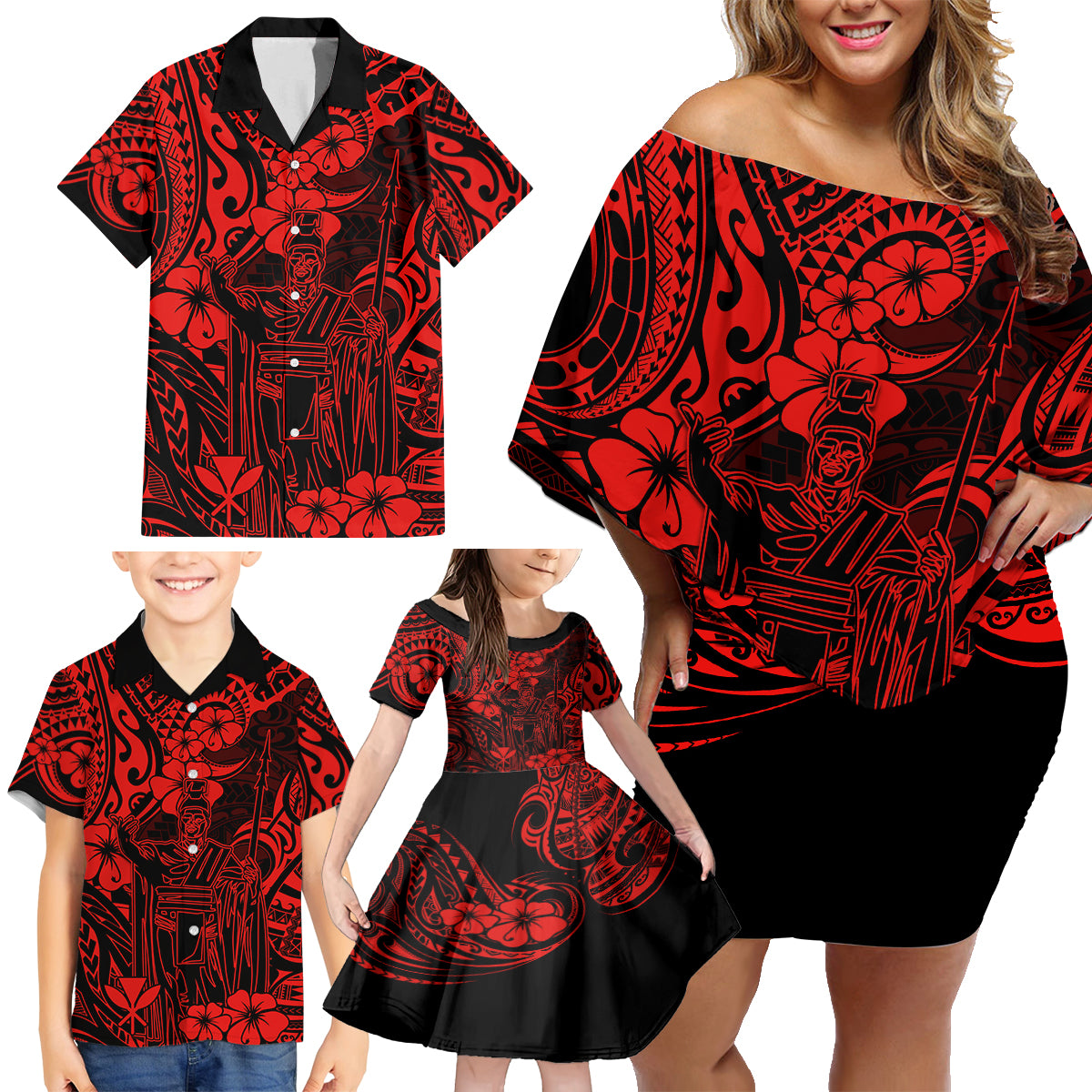 Hawaii King Kamehameha Family Matching Off Shoulder Short Dress and Hawaiian Shirt Polynesian Pattern Red Version - Wonder Print Shop