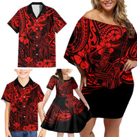 Hawaii King Kamehameha Family Matching Off Shoulder Short Dress and Hawaiian Shirt Polynesian Pattern Red Version - Wonder Print Shop
