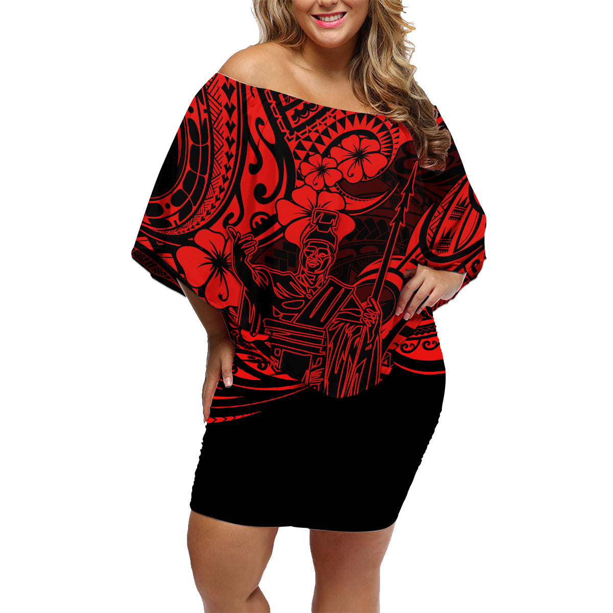 Hawaii King Kamehameha Family Matching Off Shoulder Short Dress and Hawaiian Shirt Polynesian Pattern Red Version - Wonder Print Shop