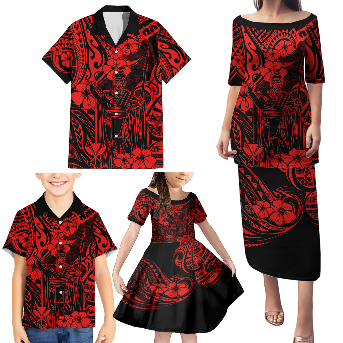Hawaii King Kamehameha Family Matching Puletasi Dress and Hawaiian Shirt Polynesian Pattern Red Version - Wonder Print Shop