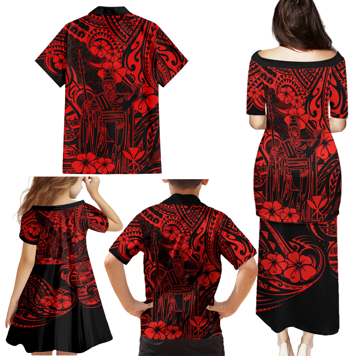 Hawaii King Kamehameha Family Matching Puletasi Dress and Hawaiian Shirt Polynesian Pattern Red Version - Wonder Print Shop