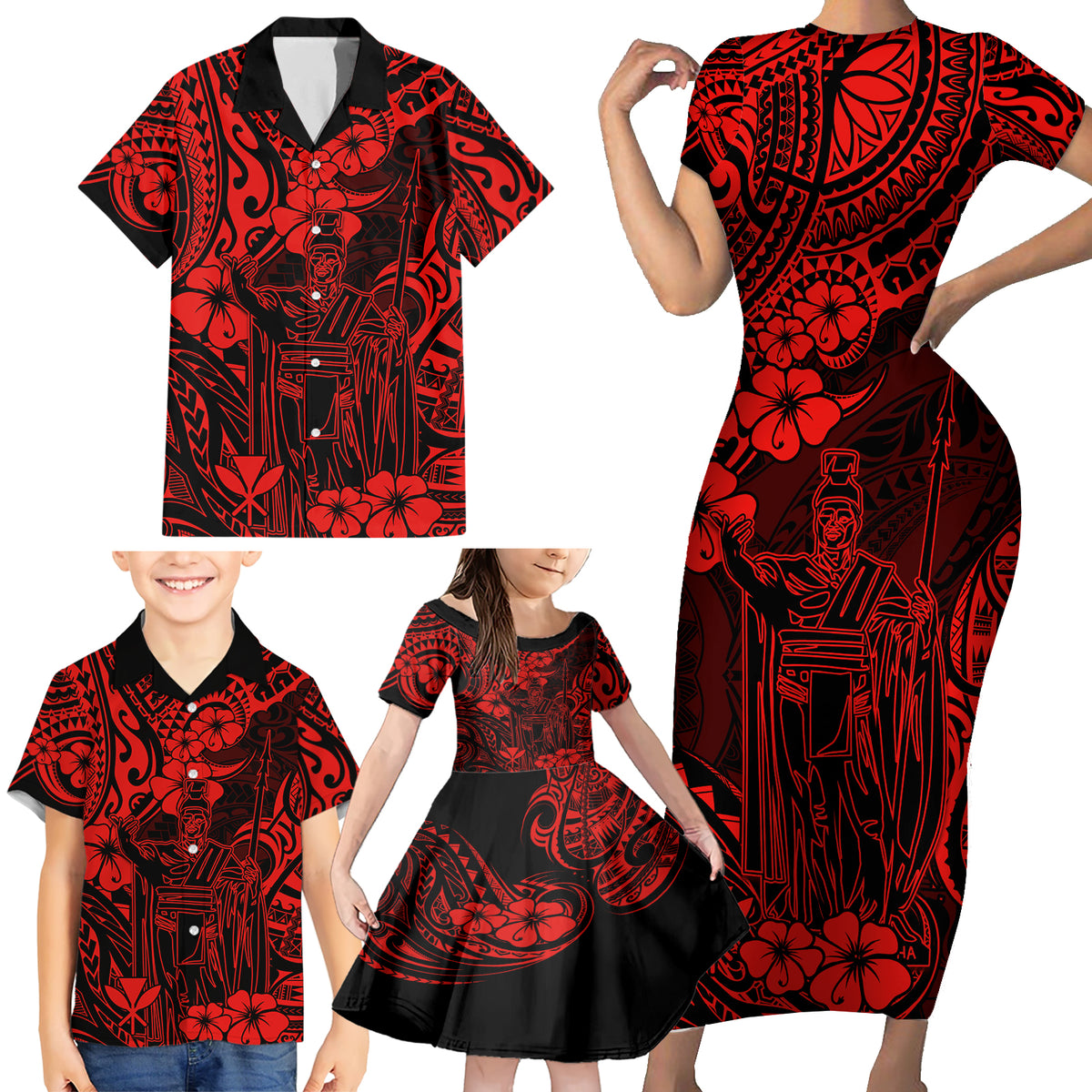 Hawaii King Kamehameha Family Matching Short Sleeve Bodycon Dress and Hawaiian Shirt Polynesian Pattern Red Version - Wonder Print Shop
