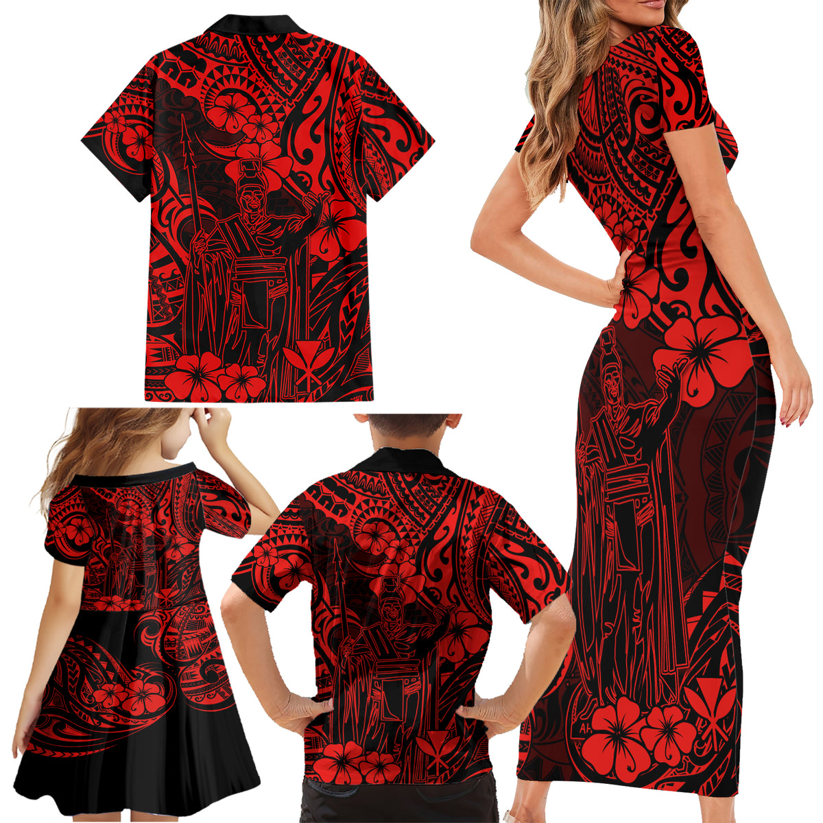 Hawaii King Kamehameha Family Matching Short Sleeve Bodycon Dress and Hawaiian Shirt Polynesian Pattern Red Version - Wonder Print Shop