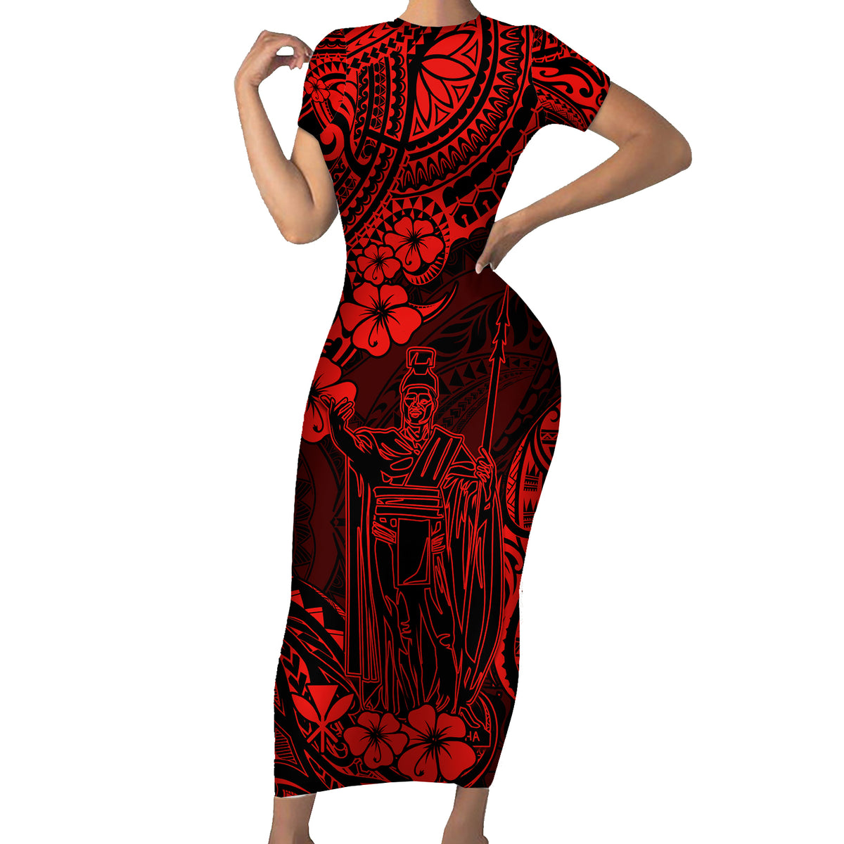 Hawaii King Kamehameha Family Matching Short Sleeve Bodycon Dress and Hawaiian Shirt Polynesian Pattern Red Version - Wonder Print Shop