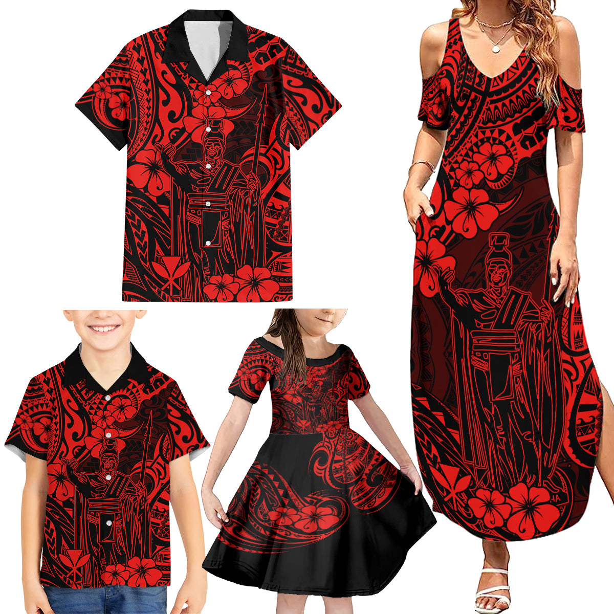 Hawaii King Kamehameha Family Matching Summer Maxi Dress and Hawaiian Shirt Polynesian Pattern Red Version - Wonder Print Shop