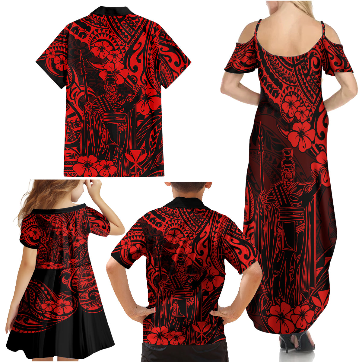 Hawaii King Kamehameha Family Matching Summer Maxi Dress and Hawaiian Shirt Polynesian Pattern Red Version - Wonder Print Shop