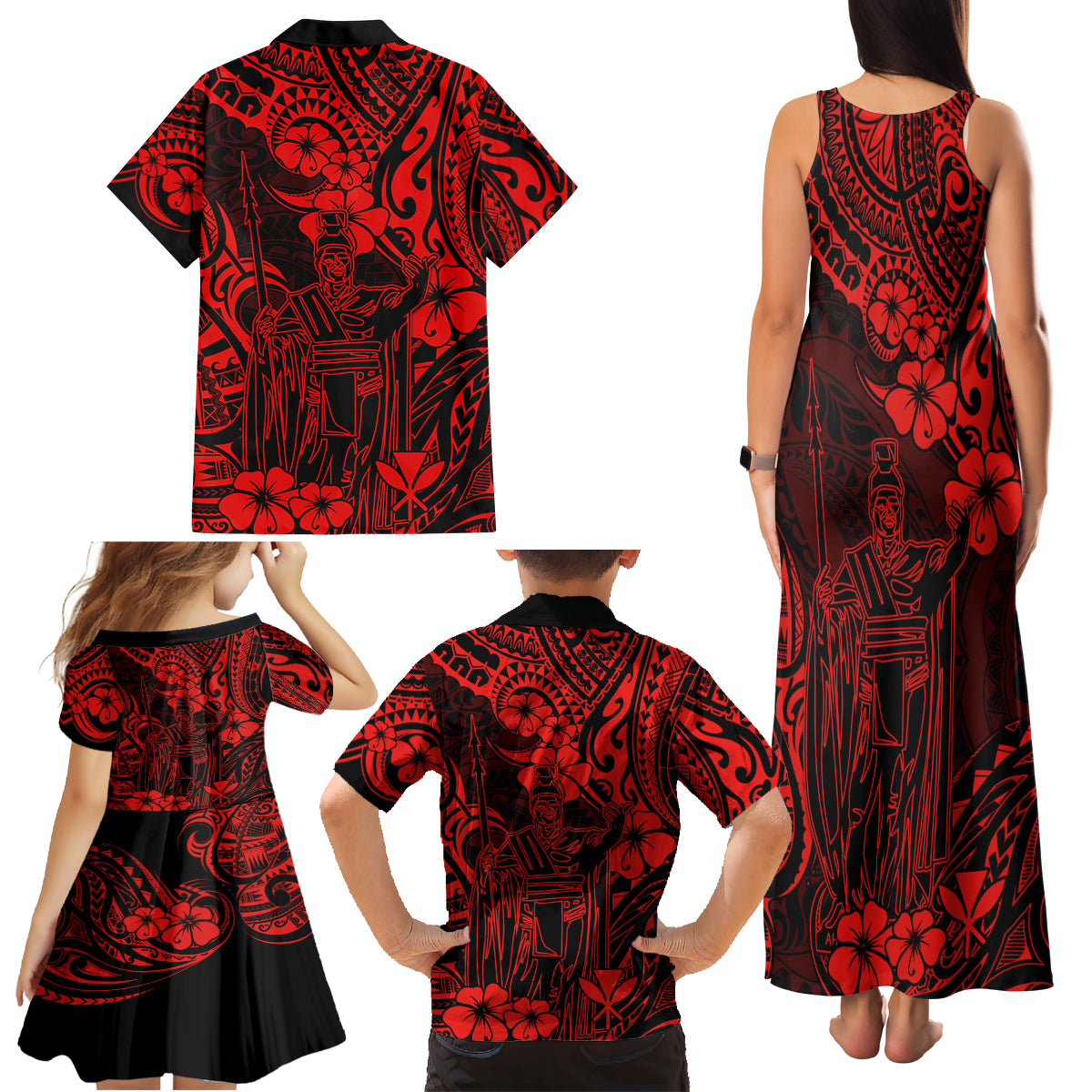 Hawaii King Kamehameha Family Matching Tank Maxi Dress and Hawaiian Shirt Polynesian Pattern Red Version - Wonder Print Shop