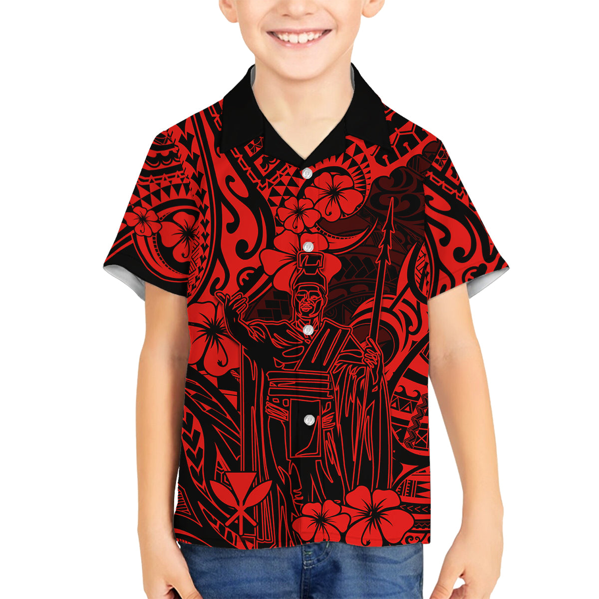 Hawaii King Kamehameha Family Matching Tank Maxi Dress and Hawaiian Shirt Polynesian Pattern Red Version - Wonder Print Shop