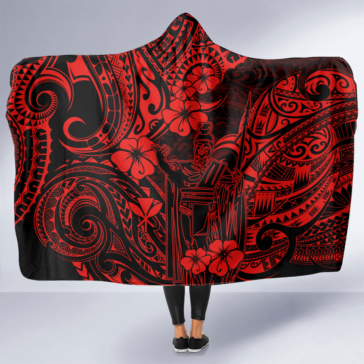 hawaii-king-kamehameha-hooded-blanket-polynesian-pattern-red-version