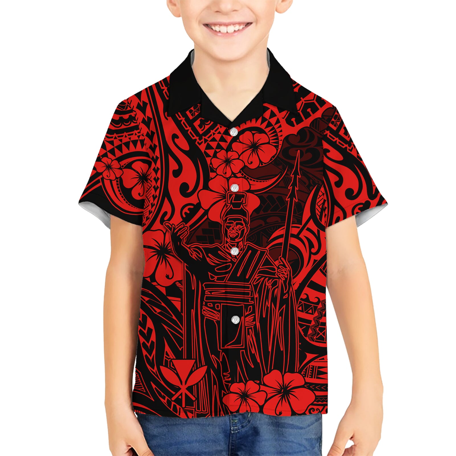Hawaii King Kamehameha Kid Hawaiian Shirt Polynesian Pattern Red Version - Wonder Print Shop