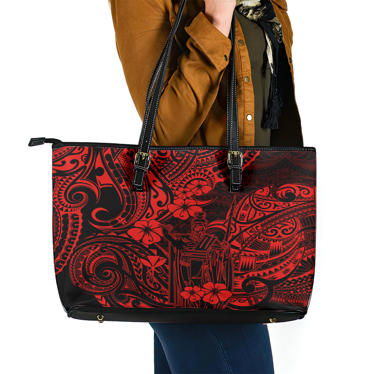 Hawaii King Kamehameha Leather Tote Bag Polynesian Pattern Red Version - Wonder Print Shop