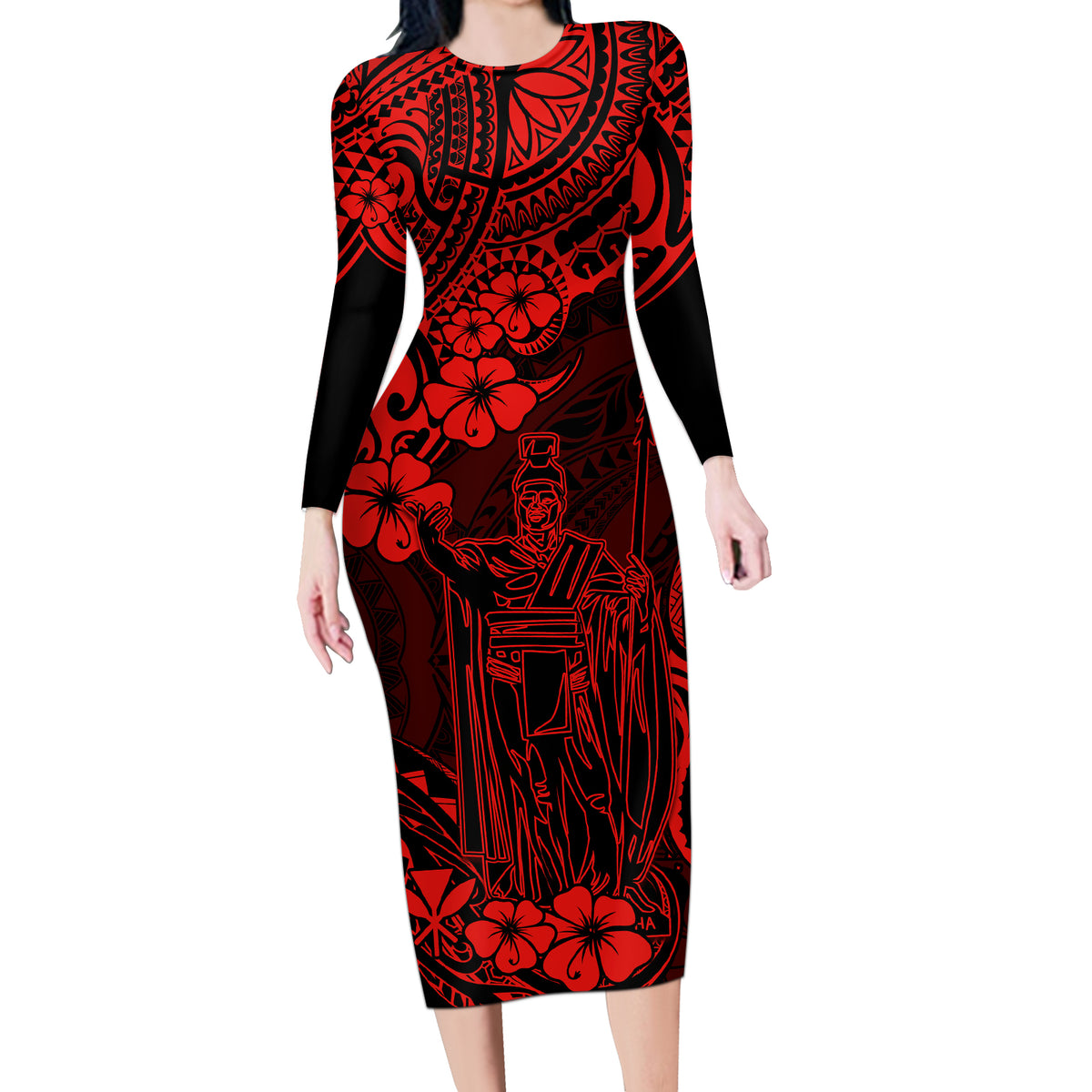 Hawaii King Kamehameha Long Sleeve Bodycon Dress Polynesian Pattern Red Version - Wonder Print Shop