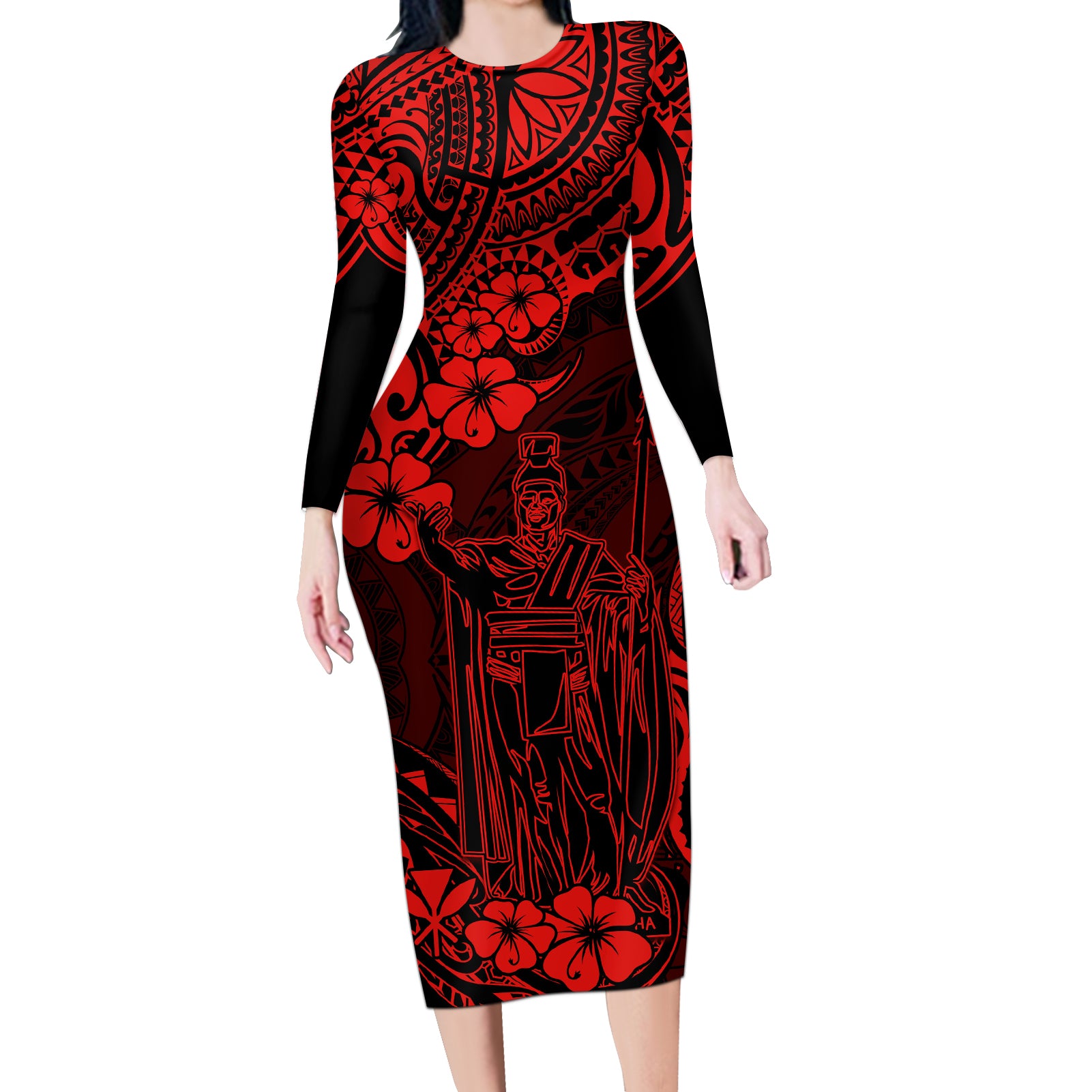 Hawaii King Kamehameha Long Sleeve Bodycon Dress Polynesian Pattern Red Version - Wonder Print Shop