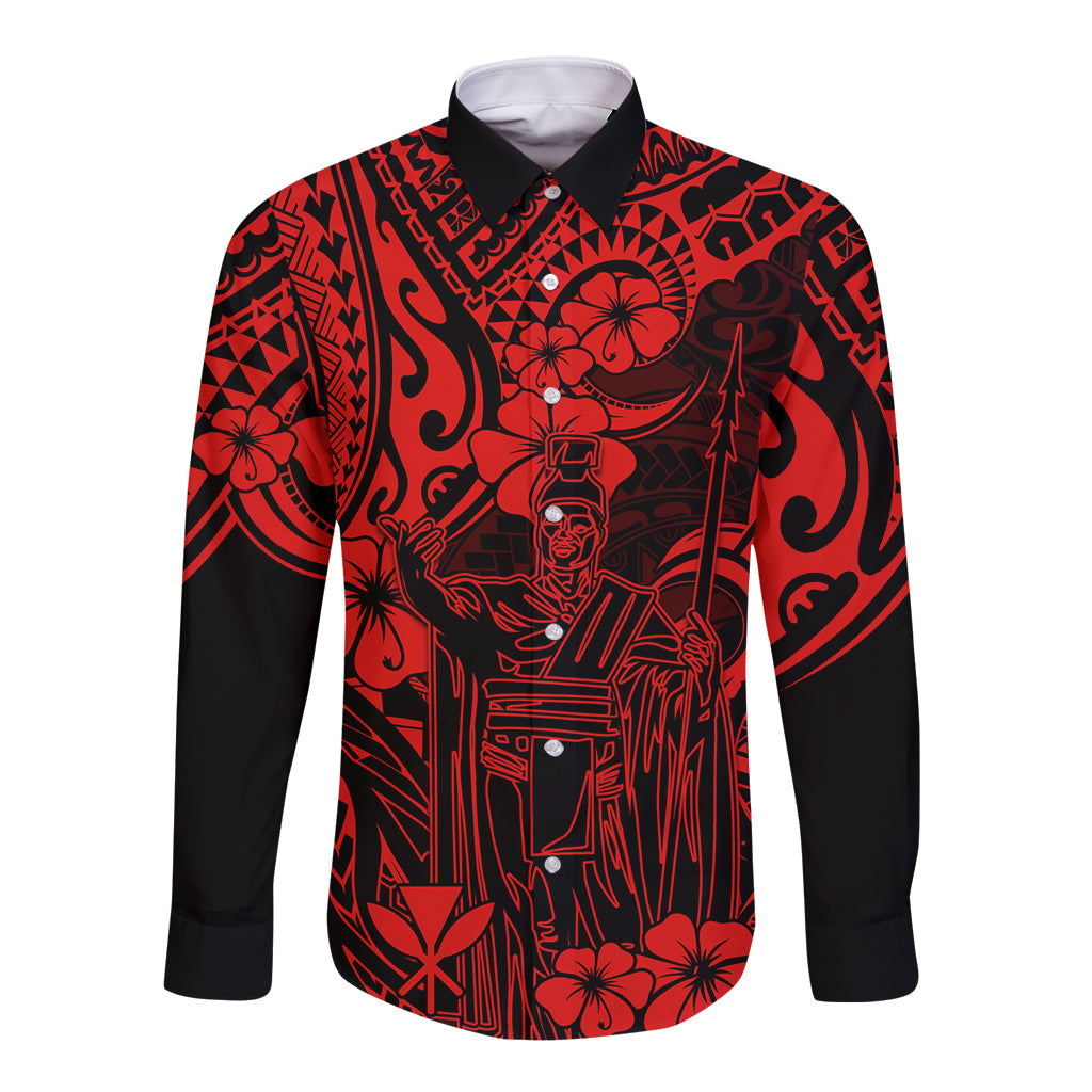 Hawaii King Kamehameha Long Sleeve Button Shirt Polynesian Pattern Red Version - Wonder Print Shop