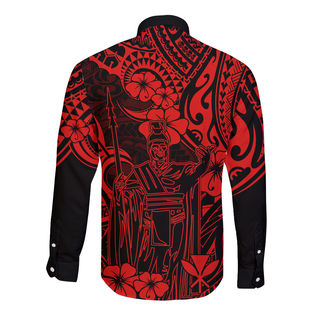 Hawaii King Kamehameha Long Sleeve Button Shirt Polynesian Pattern Red Version - Wonder Print Shop