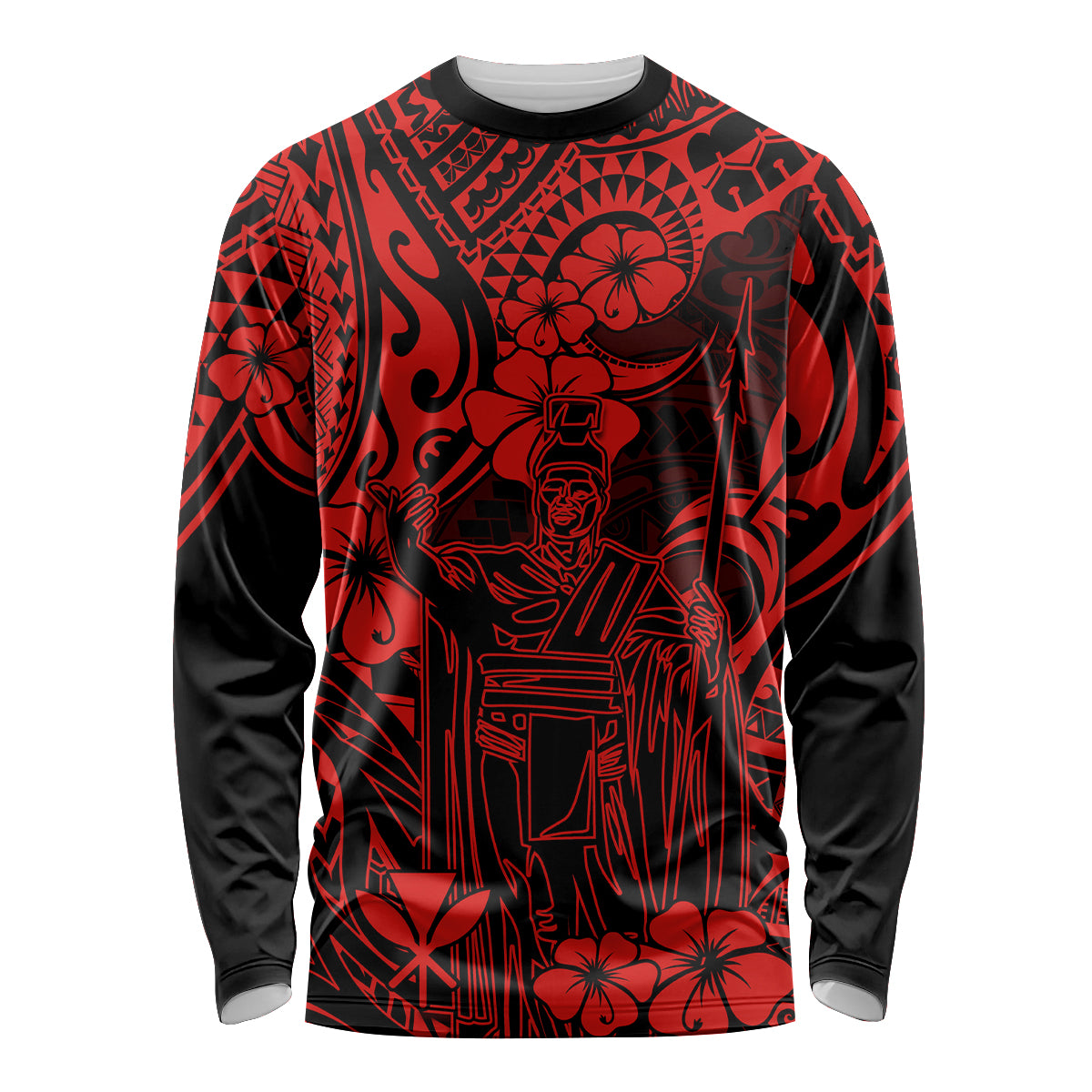 Hawaii King Kamehameha Long Sleeve Shirt Polynesian Pattern Red Version - Wonder Print Shop