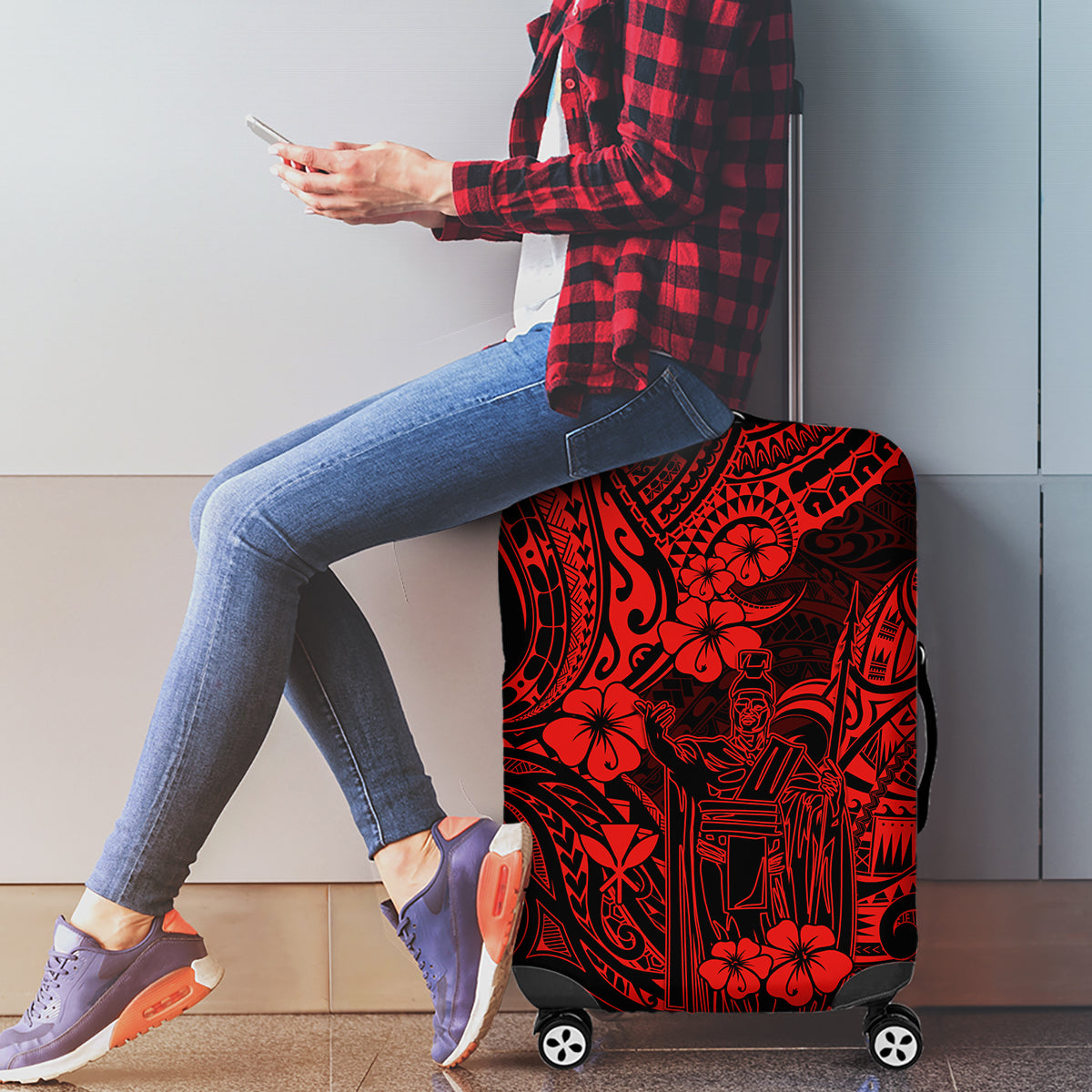Hawaii King Kamehameha Luggage Cover Polynesian Pattern Red Version - Wonder Print Shop