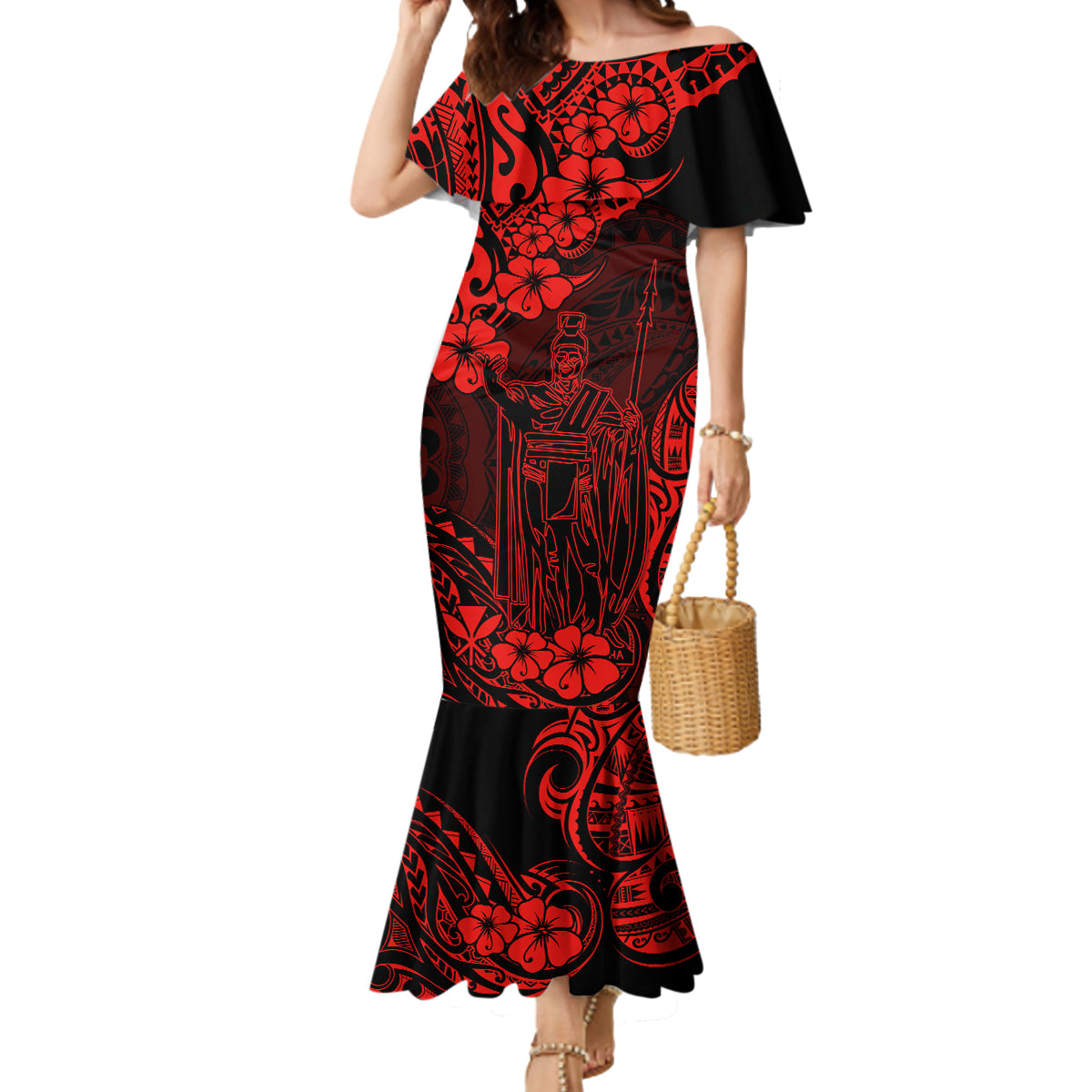 Hawaii King Kamehameha Mermaid Dress Polynesian Pattern Red Version - Wonder Print Shop