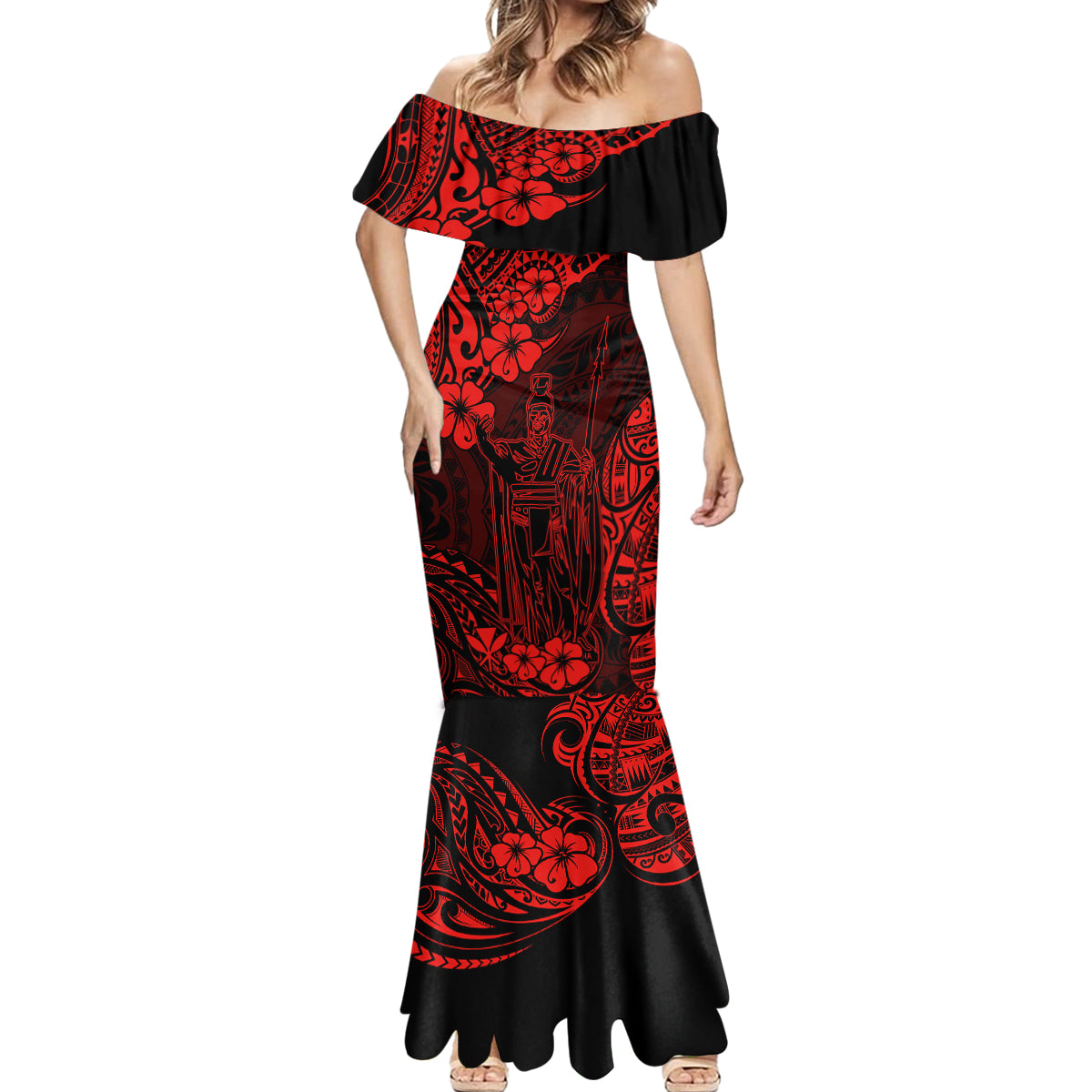 Hawaii King Kamehameha Mermaid Dress Polynesian Pattern Red Version - Wonder Print Shop