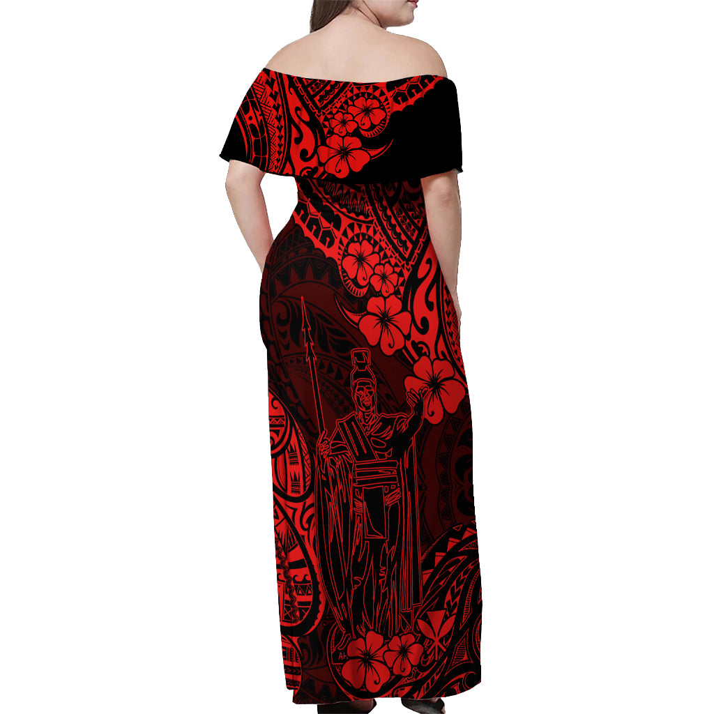 Hawaii King Kamehameha Off Shoulder Maxi Dress Polynesian Pattern Red Version - Wonder Print Shop