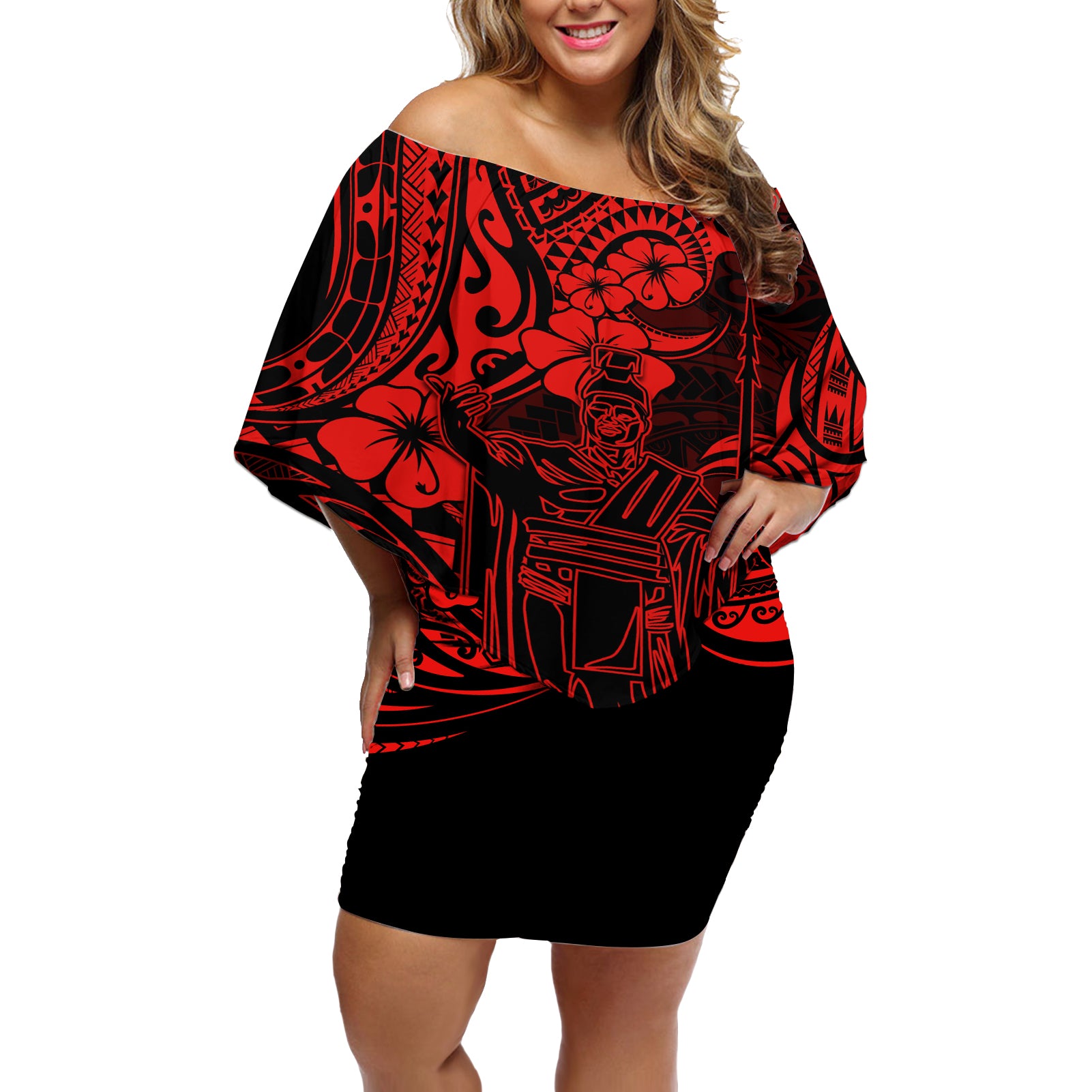 Hawaii King Kamehameha Off Shoulder Short Dress Polynesian Pattern Red Version - Wonder Print Shop