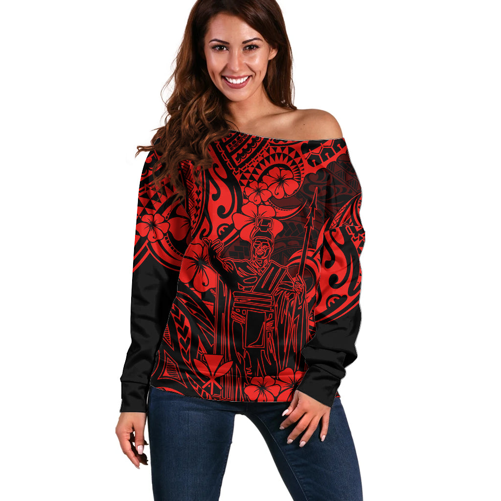 Hawaii King Kamehameha Off Shoulder Sweater Polynesian Pattern Red Version - Wonder Print Shop