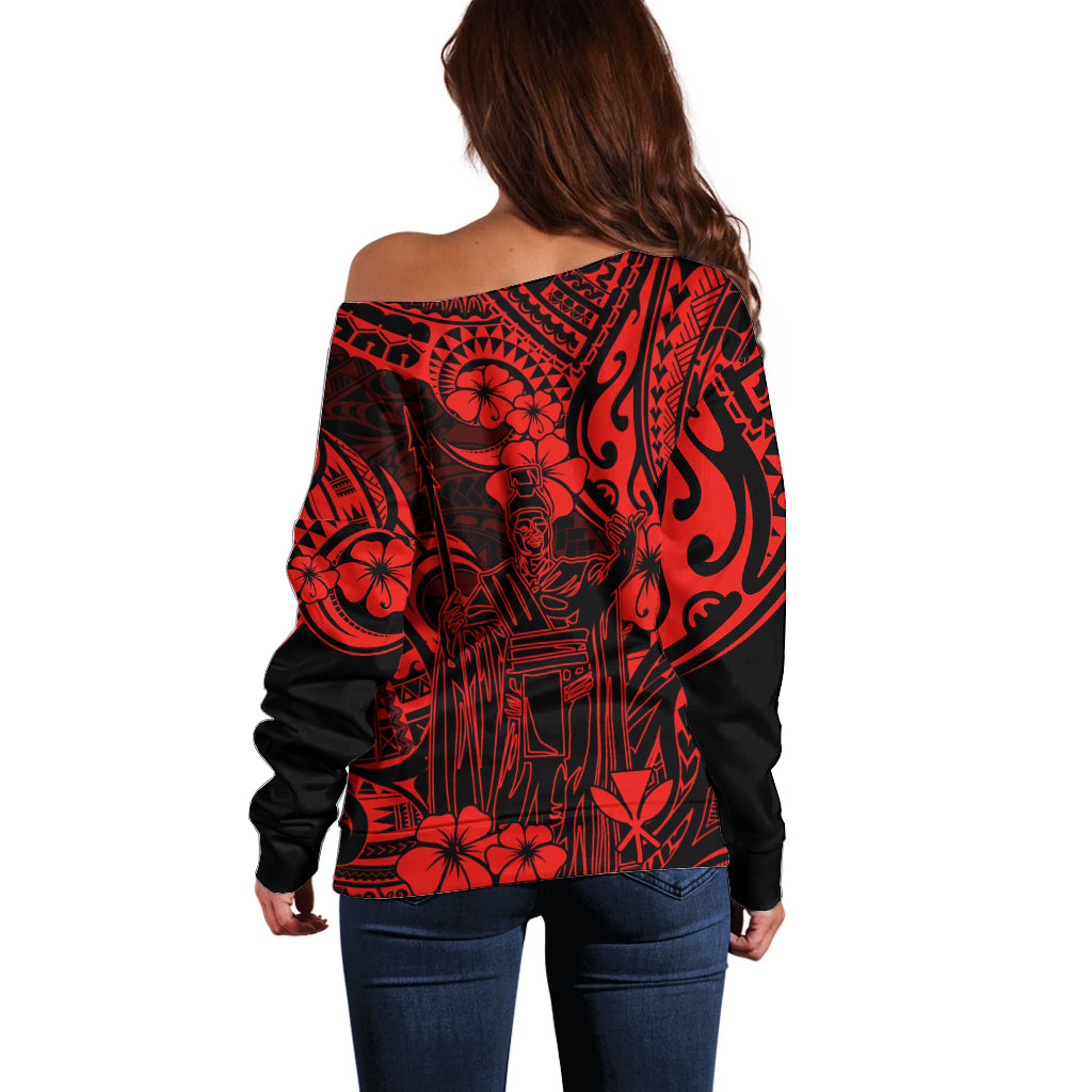 Hawaii King Kamehameha Off Shoulder Sweater Polynesian Pattern Red Version - Wonder Print Shop