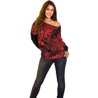 Hawaii King Kamehameha Off Shoulder Sweater Polynesian Pattern Red Version - Wonder Print Shop