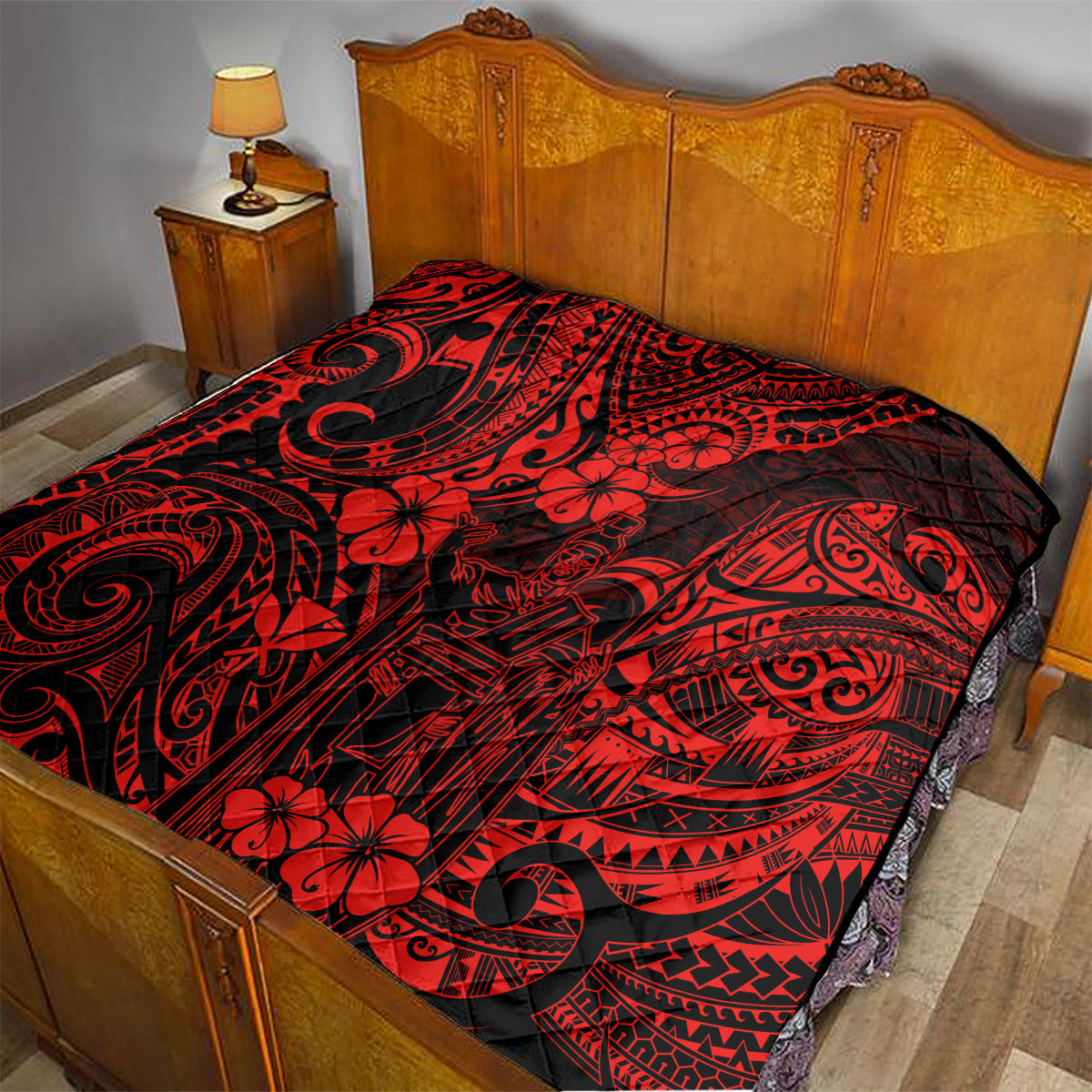 Hawaii King Kamehameha Quilt Polynesian Pattern Red Version - Wonder Print Shop