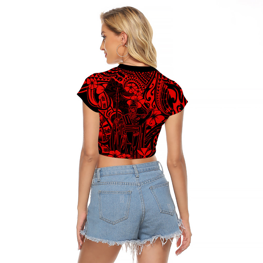 Hawaii King Kamehameha Raglan Cropped T Shirt Polynesian Pattern Red Version - Wonder Print Shop